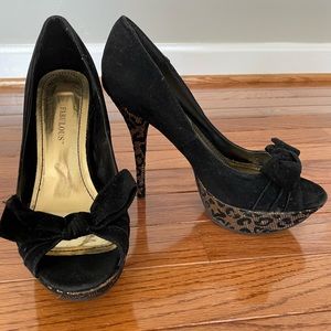Black velvet and leopard print heels
